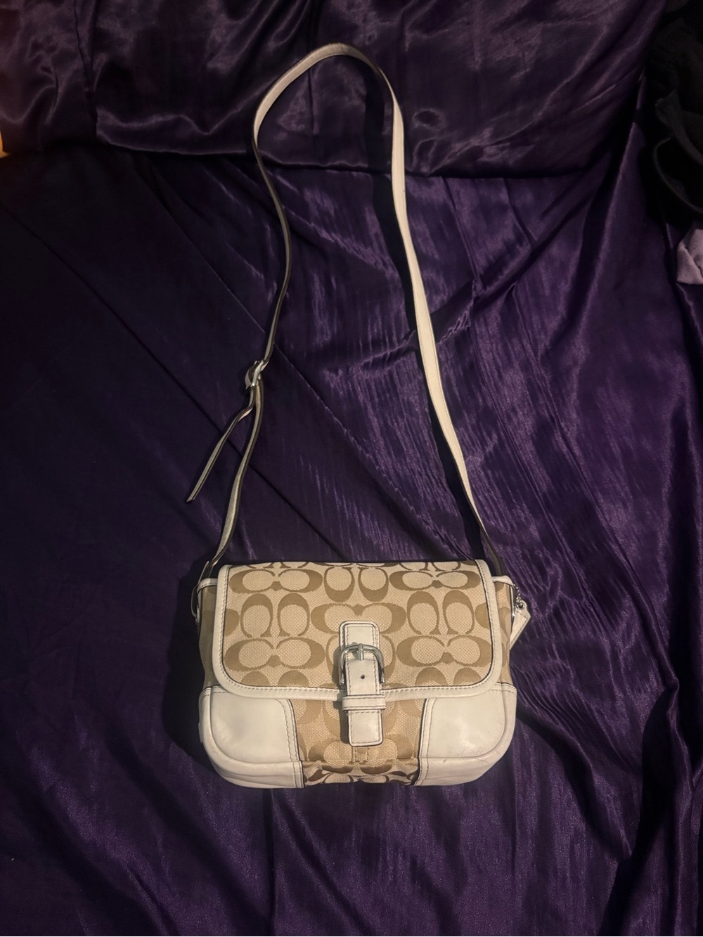Coach Hadley Signature Beige & White Logo Small Crossbody Buckle Bag